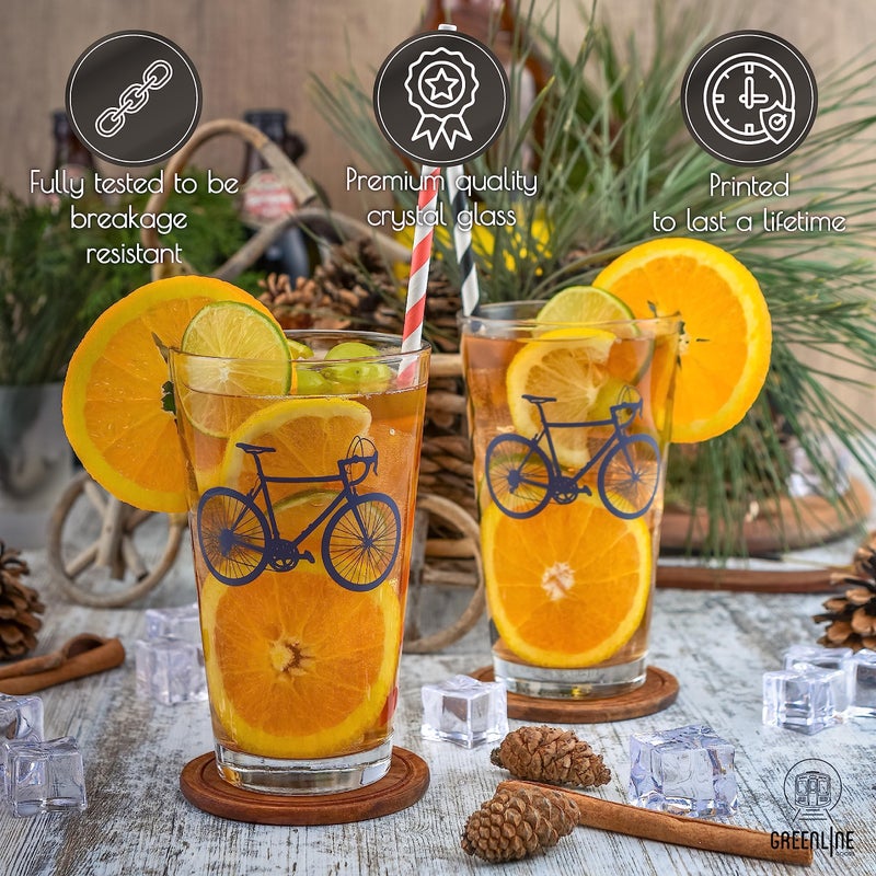Greenline Goods - Bicycle Beer Glasses (Set of 2) |16 oz Drinkware with Colorful Cyclist Designs | Premium Decorative Glassware | Unique Gifts for Cyclists & Bike Riders [Navy] - Image 3